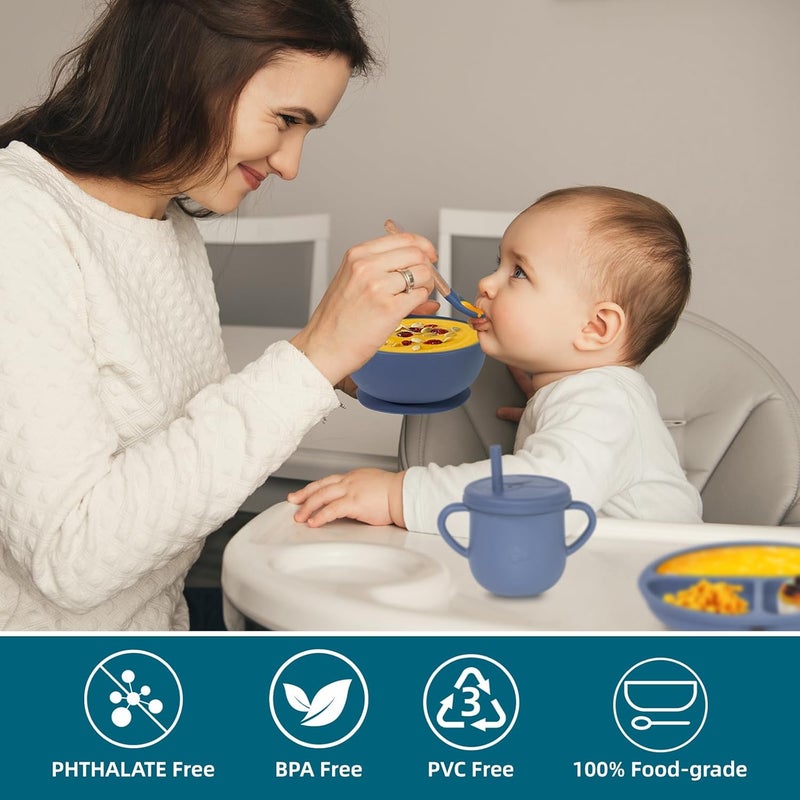 Dormlony 100% Silicone Baby Feeding Set, BPA Free Baby Dishes with Suction Bowl, Divided Plate, Toddler Self Feeding Dish Set with Spoons, Forks, Sippy Cup and Bib, Baby Eating Utensils (Navy Blue) - Image 5